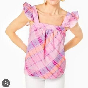 Lilly Pulitzer Reyna Plaid Ruffle Sleeve Top pink size small NEW WITH TAGS